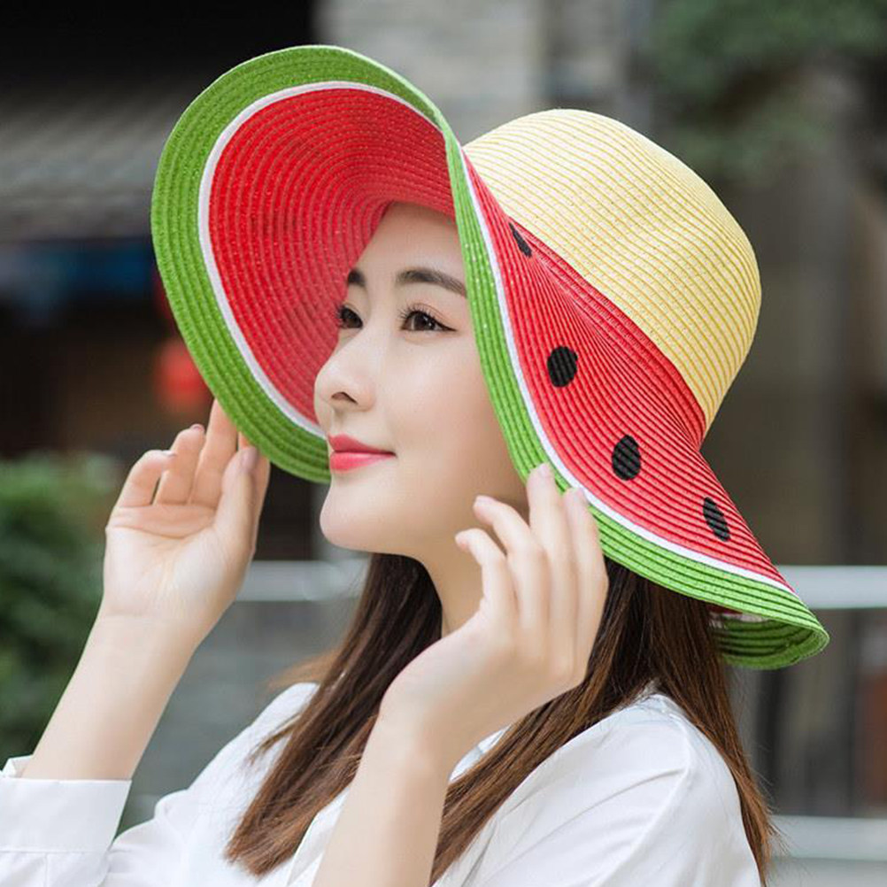 Sun Hat Wide Brim - Girls Watermelon Straw Hat Summer Wide
